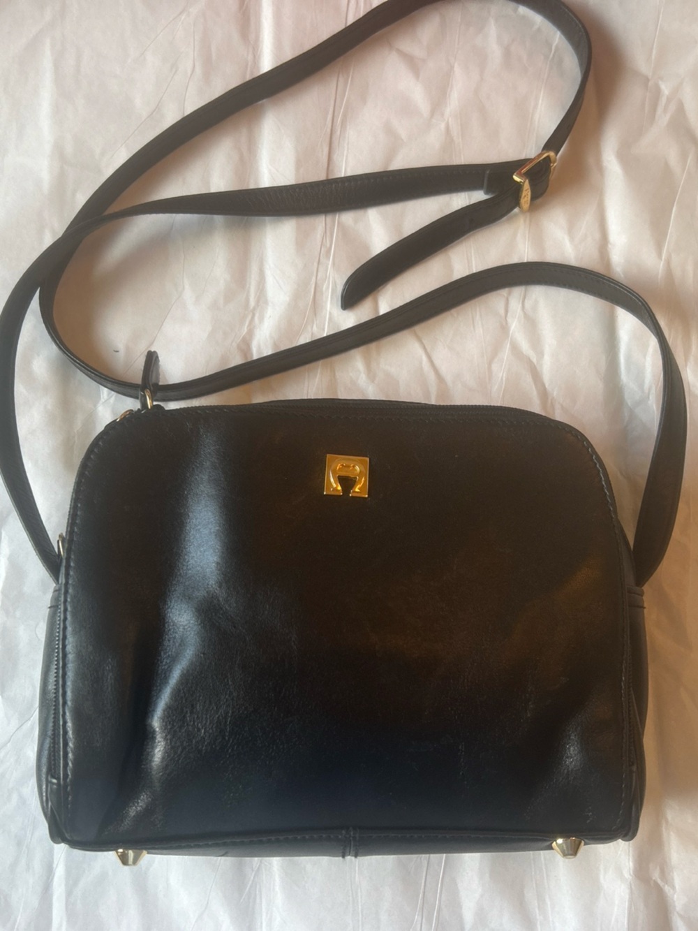 Etienne Aigner Black Leather Crossbody Bag Vintage Gold Logo Purse Brand